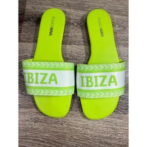 Fashion Nova Ibiza Shoes Size 7 Neon Lime Green White Slide Sandals Flat Summer